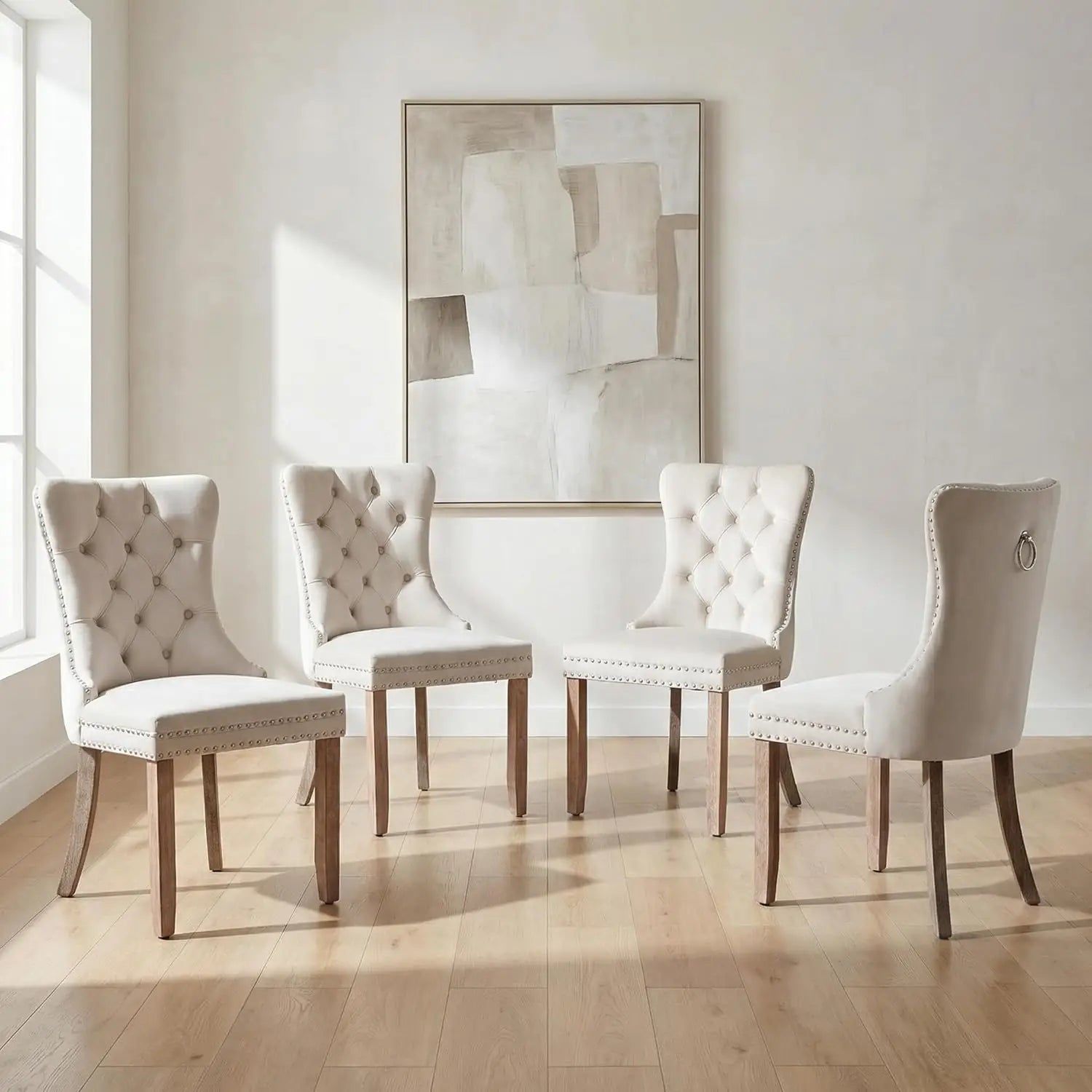 4 Modern Tufted Upholstered Beige Velvet