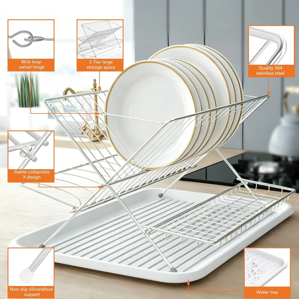 Stainless Steel Foldable Dish Rack, 2 Tier