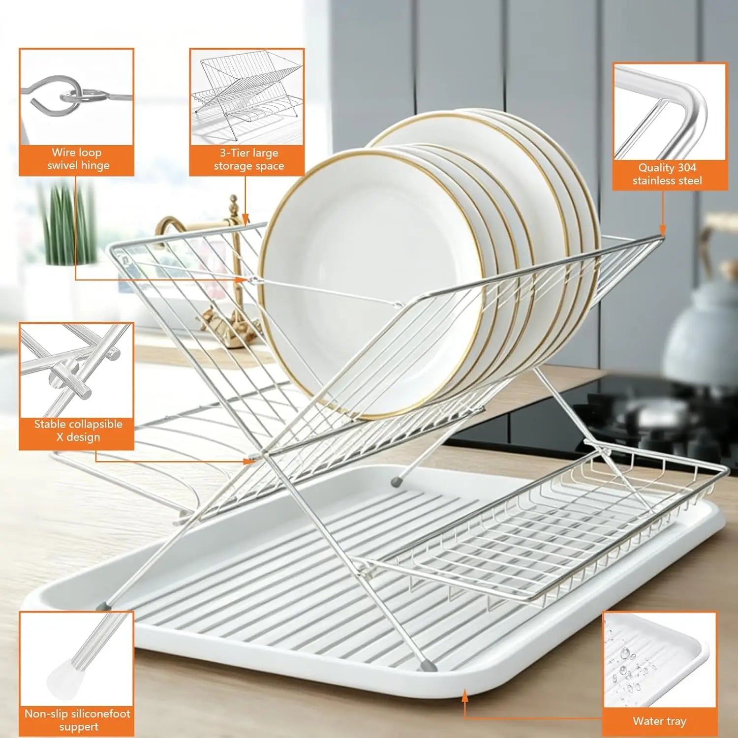 Stainless Steel Foldable Dish Rack, 2 Tier