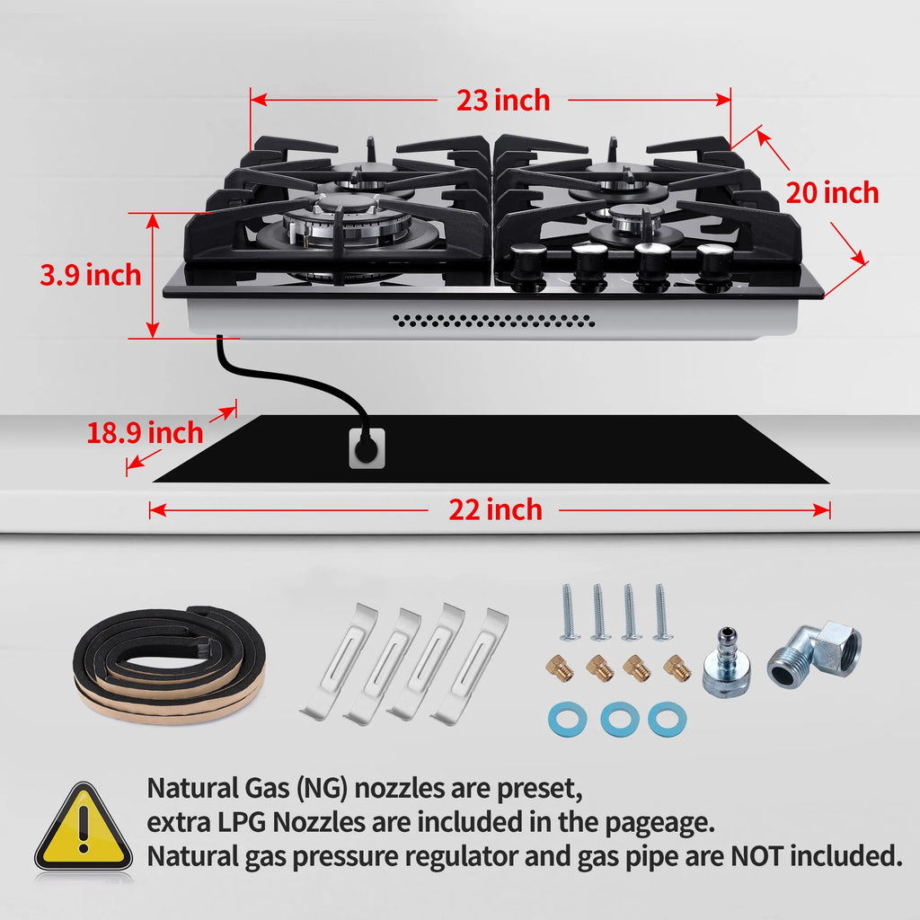 24 Inch 4-Burner Gas Cooktop | Dual Fuel NG/LPG