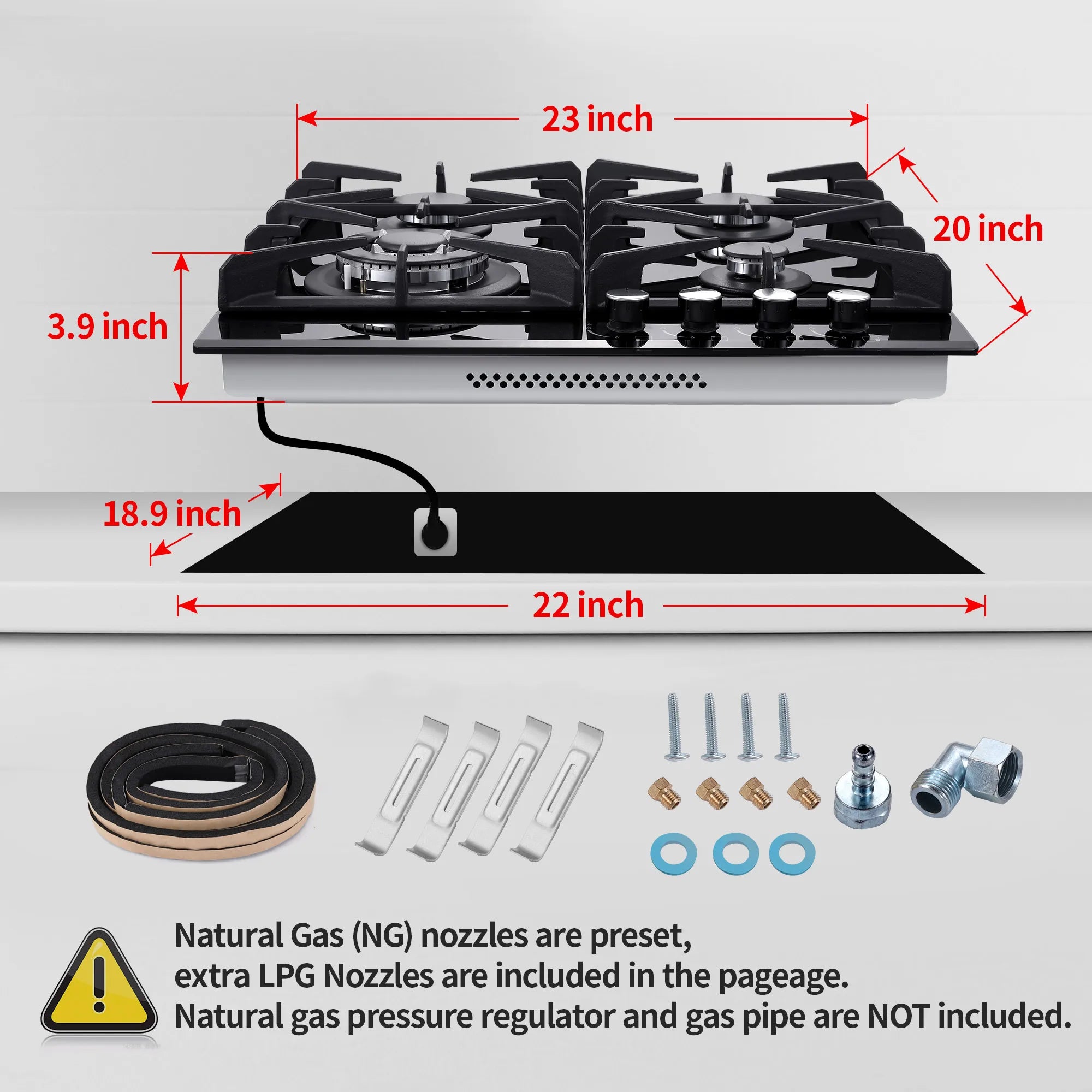 24 Inch 4-Burner Gas Cooktop | Dual Fuel NG/LPG