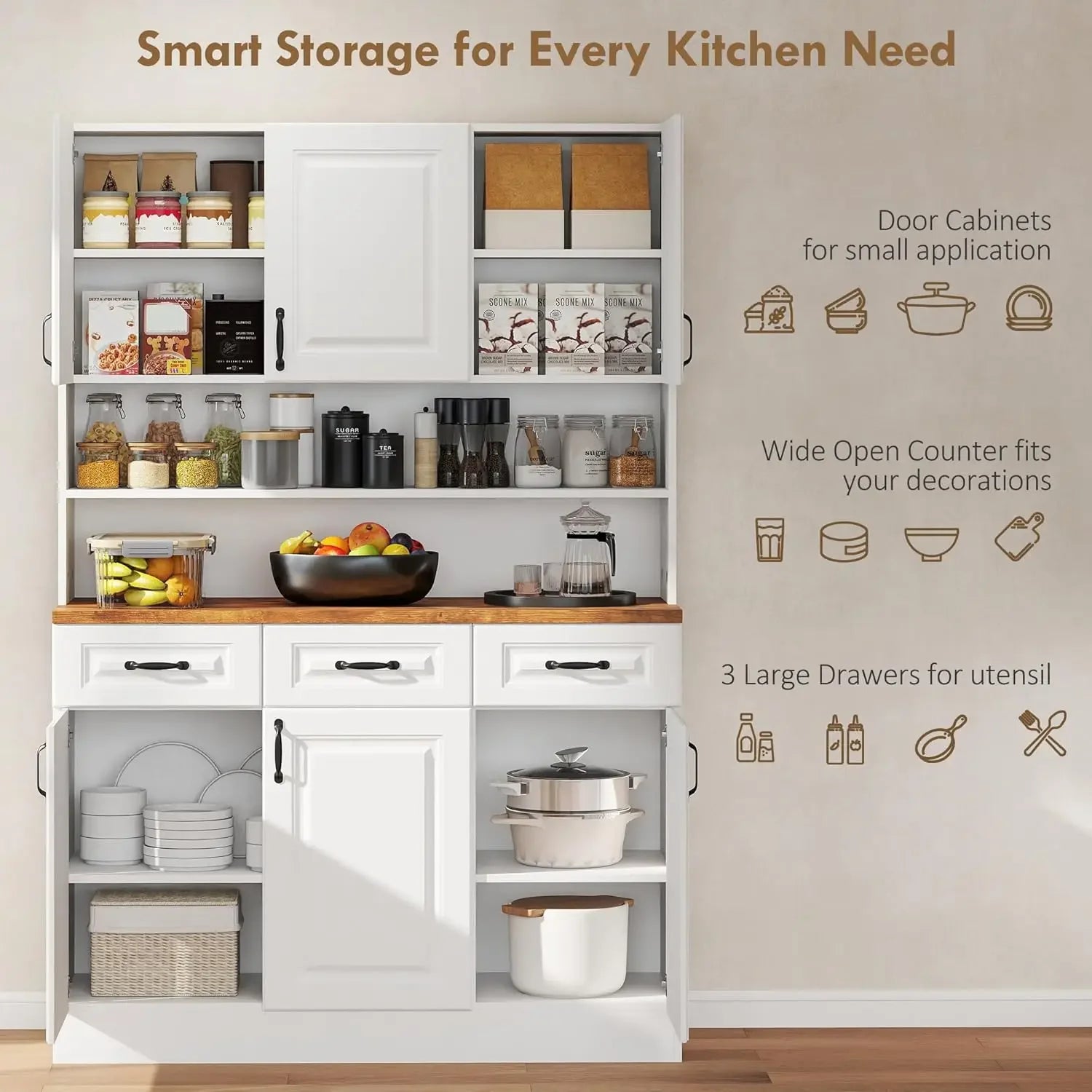 71" Kitchen Pantry, Farmhouse Storage, 2-Tier MW Stand