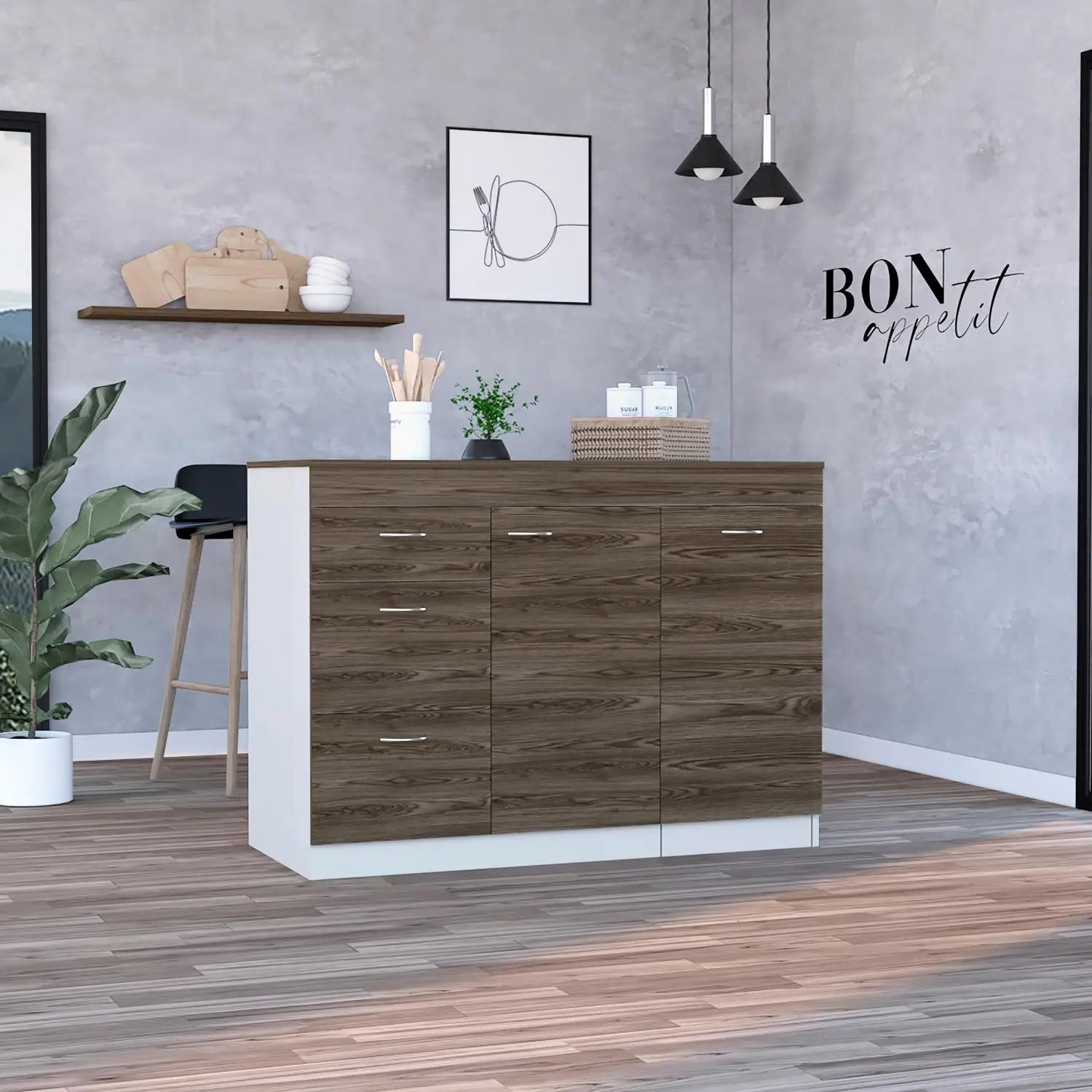 Kitchen Base Cabinet Three Drawers, White/Dark Walnut