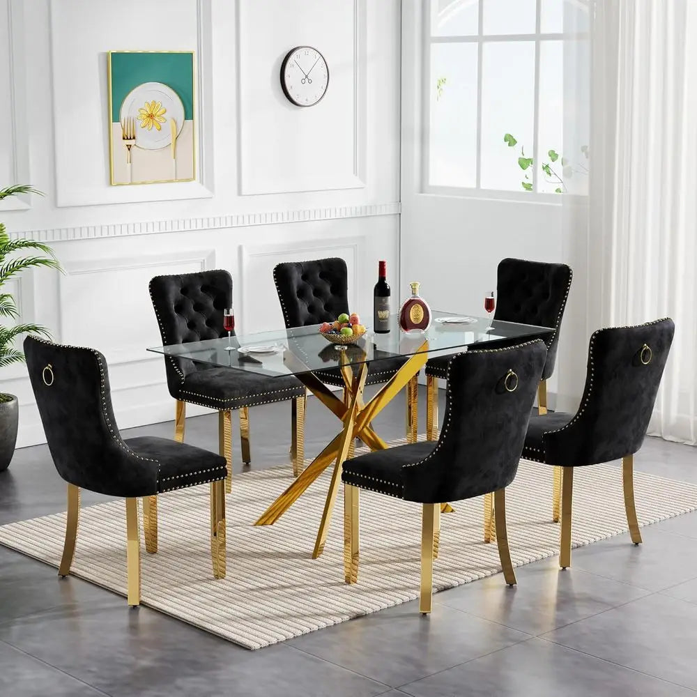 51x29" -7-Piece Glass Set w/6 Black Tuxedo Chairs