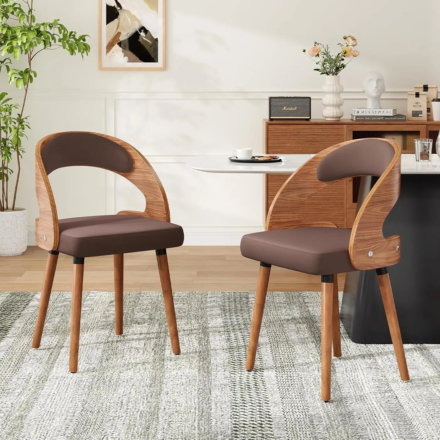 2 Wood Modern Upholstered Curved Backrest