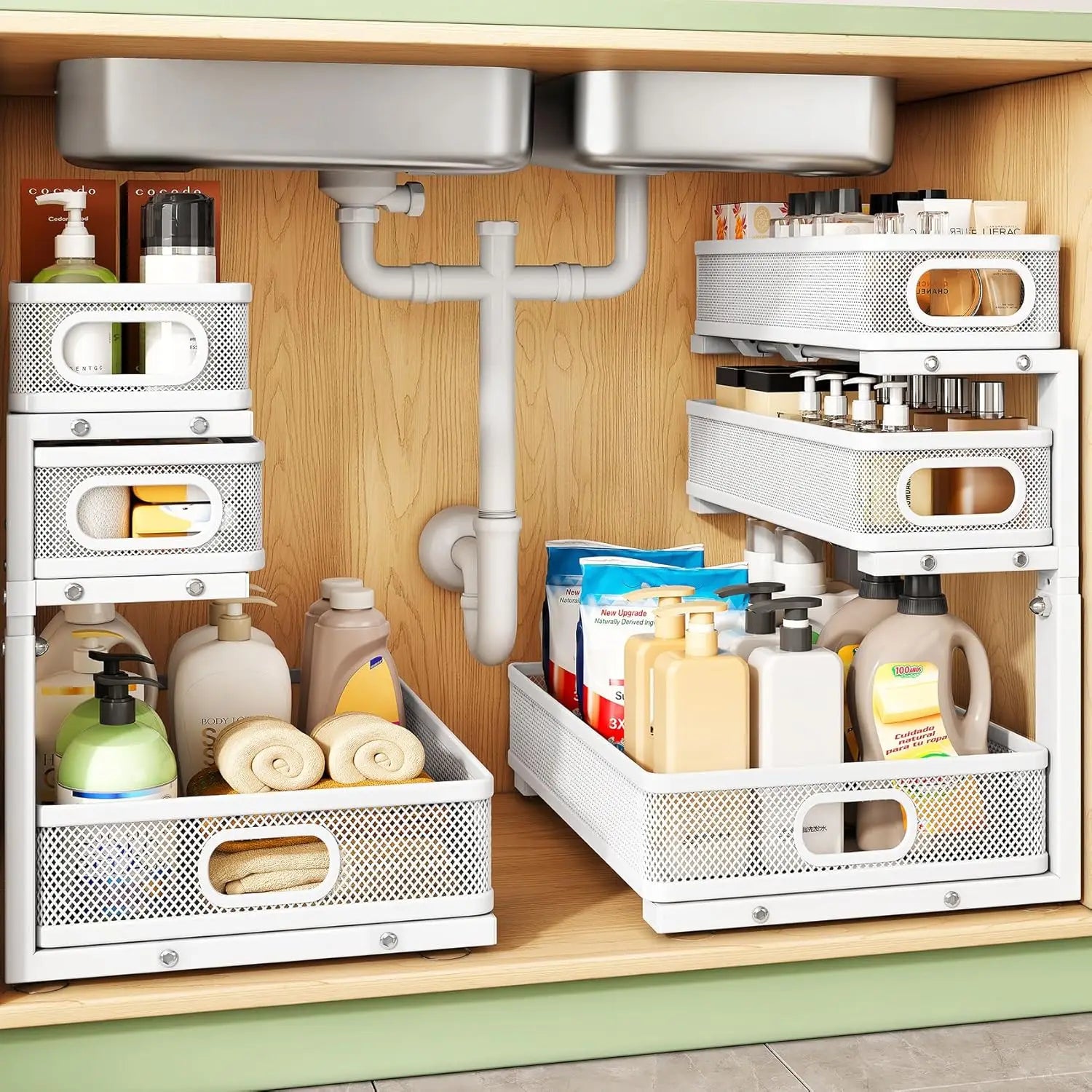 Under Sink Organizer 2 Pack, Metal Pull out, Shelf Slide