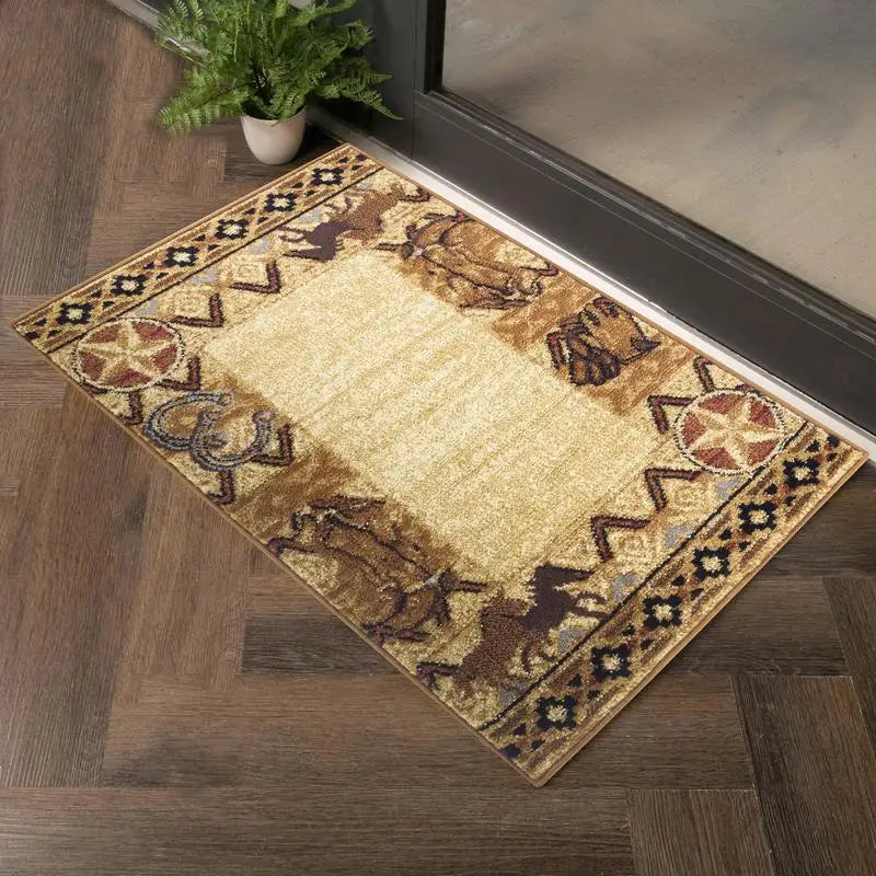 5'3"x7'3" Beige Brown Border Ranch Horses