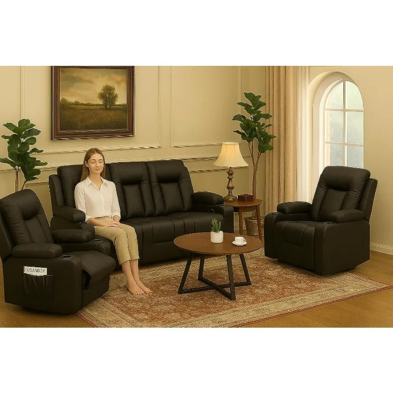 Leather Manual Recliner Sofa Set