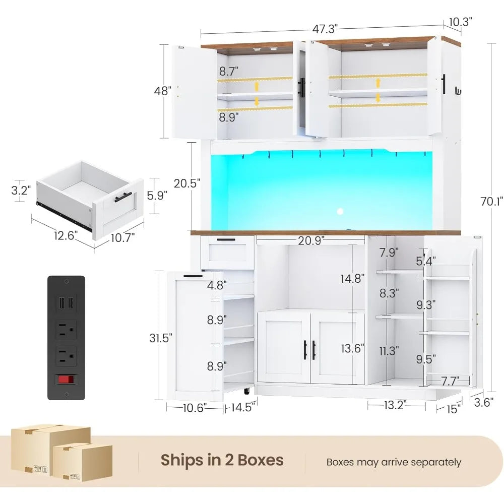 47.2X71" Pantry Cabinet W/Charging Station/LED Light/Microwave Stand,
