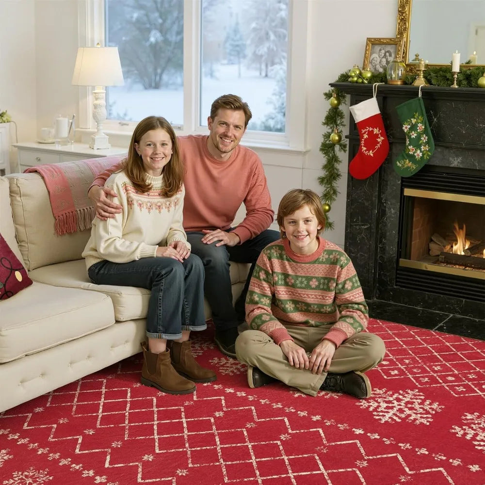 8x10 Washable Christmas Geometric Red