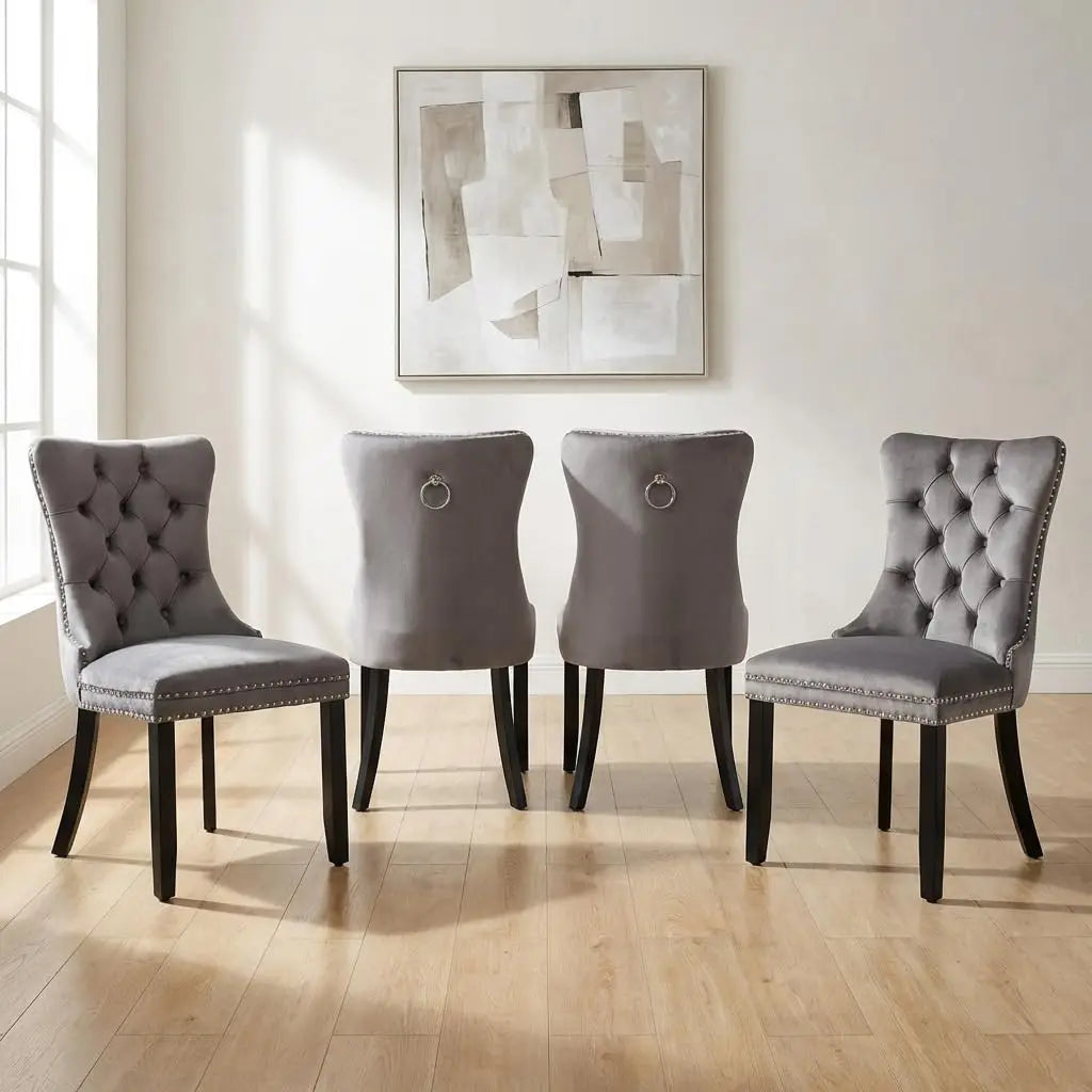 4 Modern Tufted Upholstered Beige Velvet