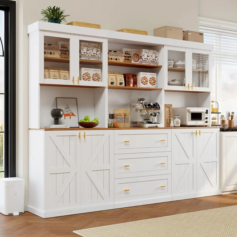 Pantry Cabinet Set of 3, 71" Tall Glass Door Cabinet