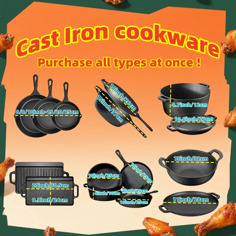 3PCS Cast Iron Skillet Set (6/8/10 Inch) Pre-Seasoned, Heavy-Duty