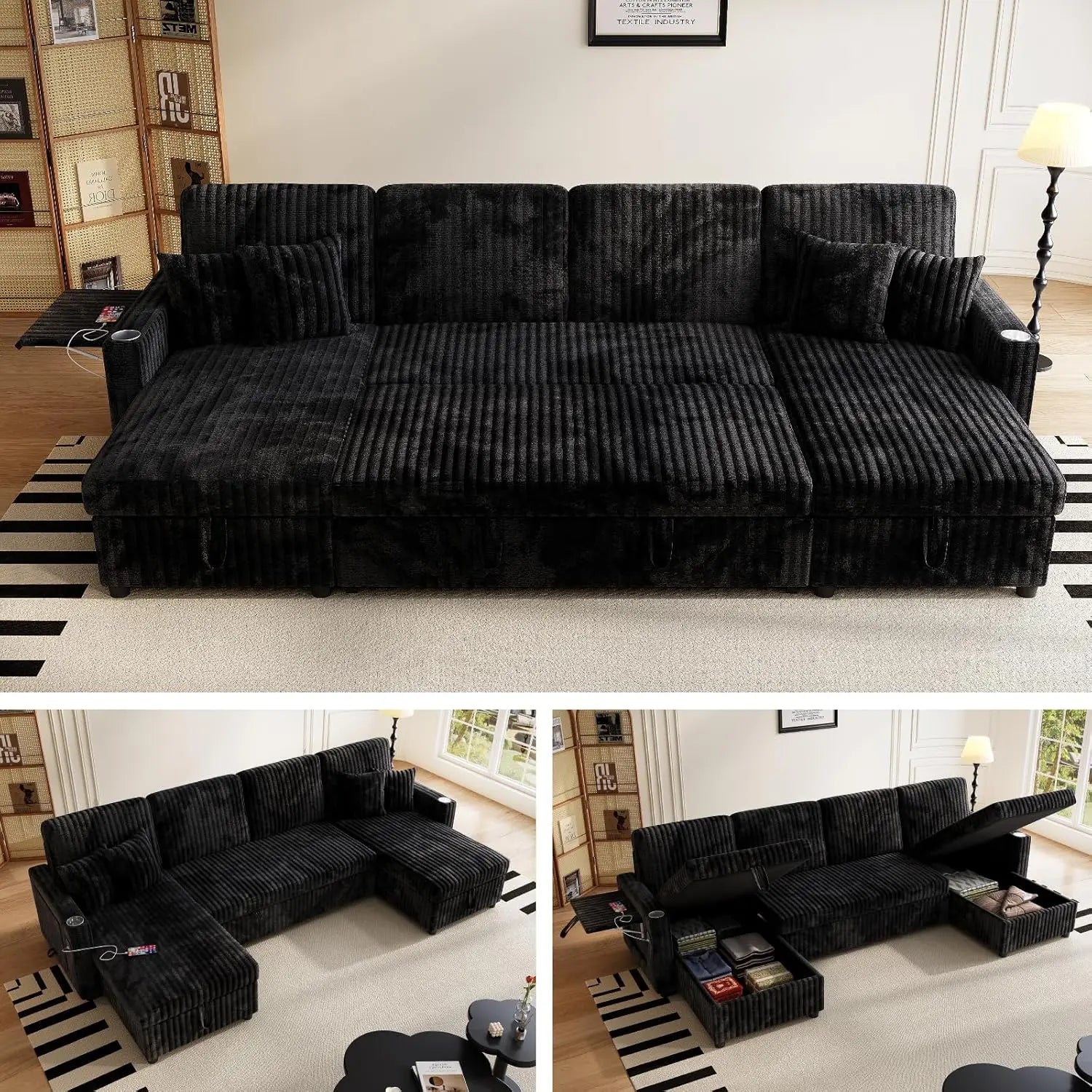 Sleeper Sectional Sofa, 110" Modern U