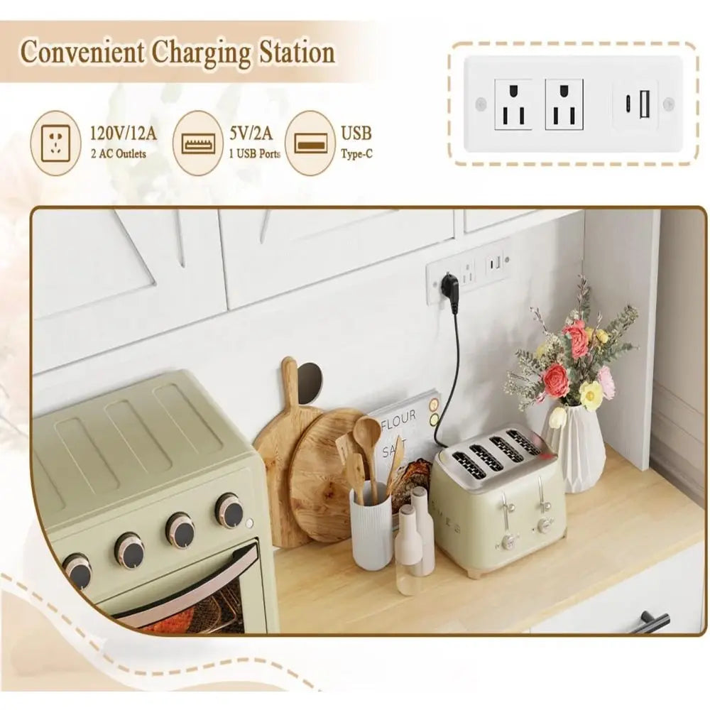 White Tall Pantry Cabinet W/Charging Station