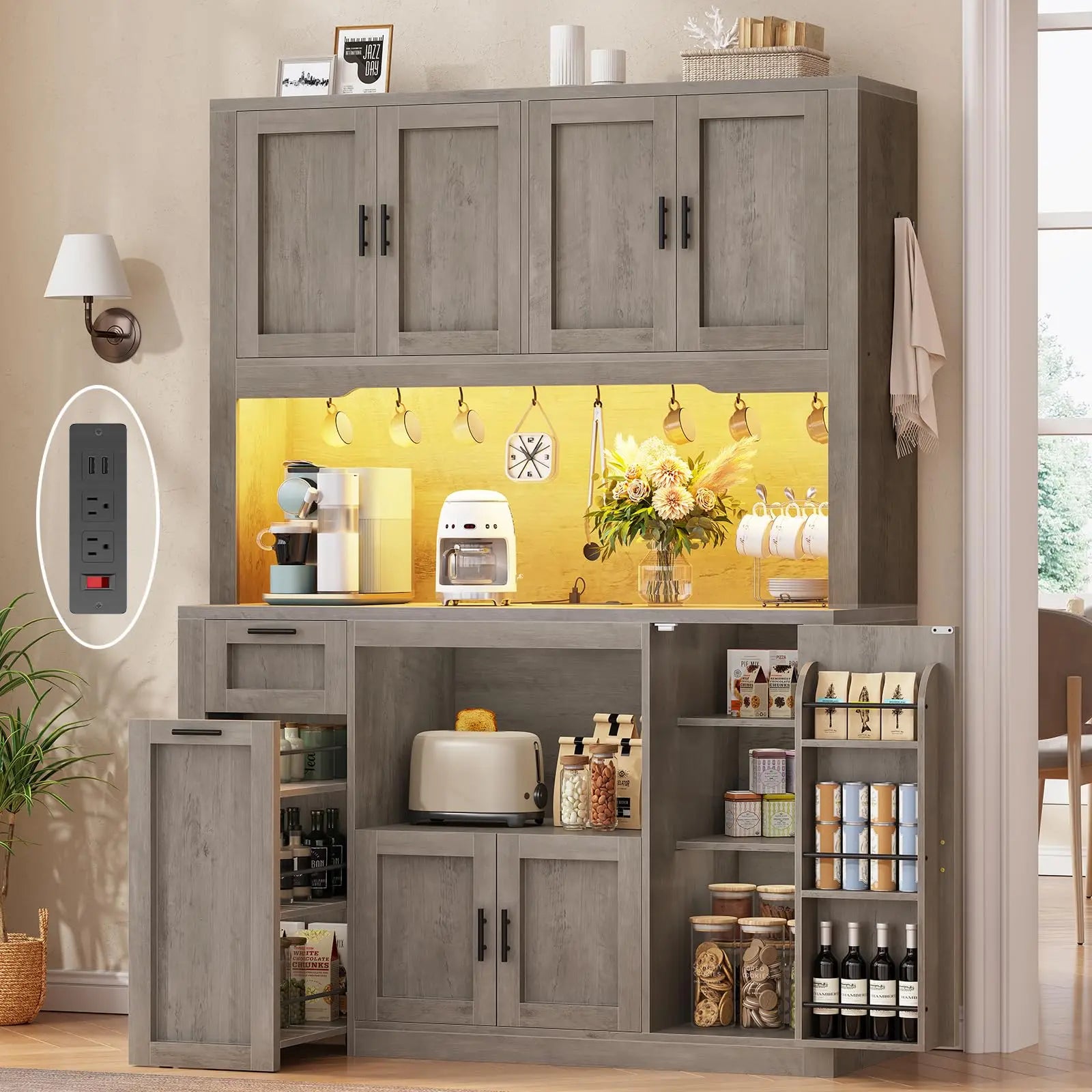 47.2X71" Pantry Cabinet W/Charging Station/LED Light/Microwave Stand,