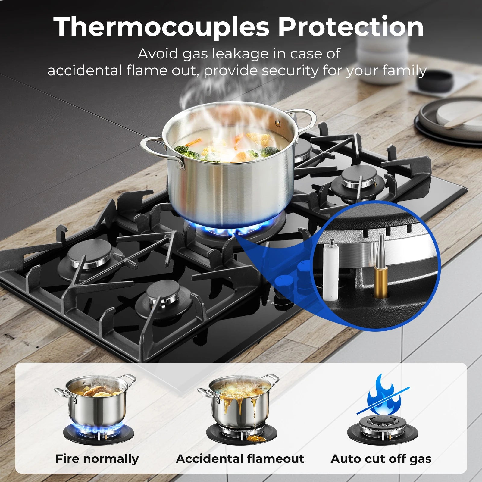 30" 5 Burner Stove Top Built-in NG/LPG Convertible