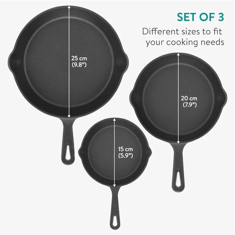 3pcs Cast Iron Skillet Set 5.9/7.8/9.8in Heavy Duty