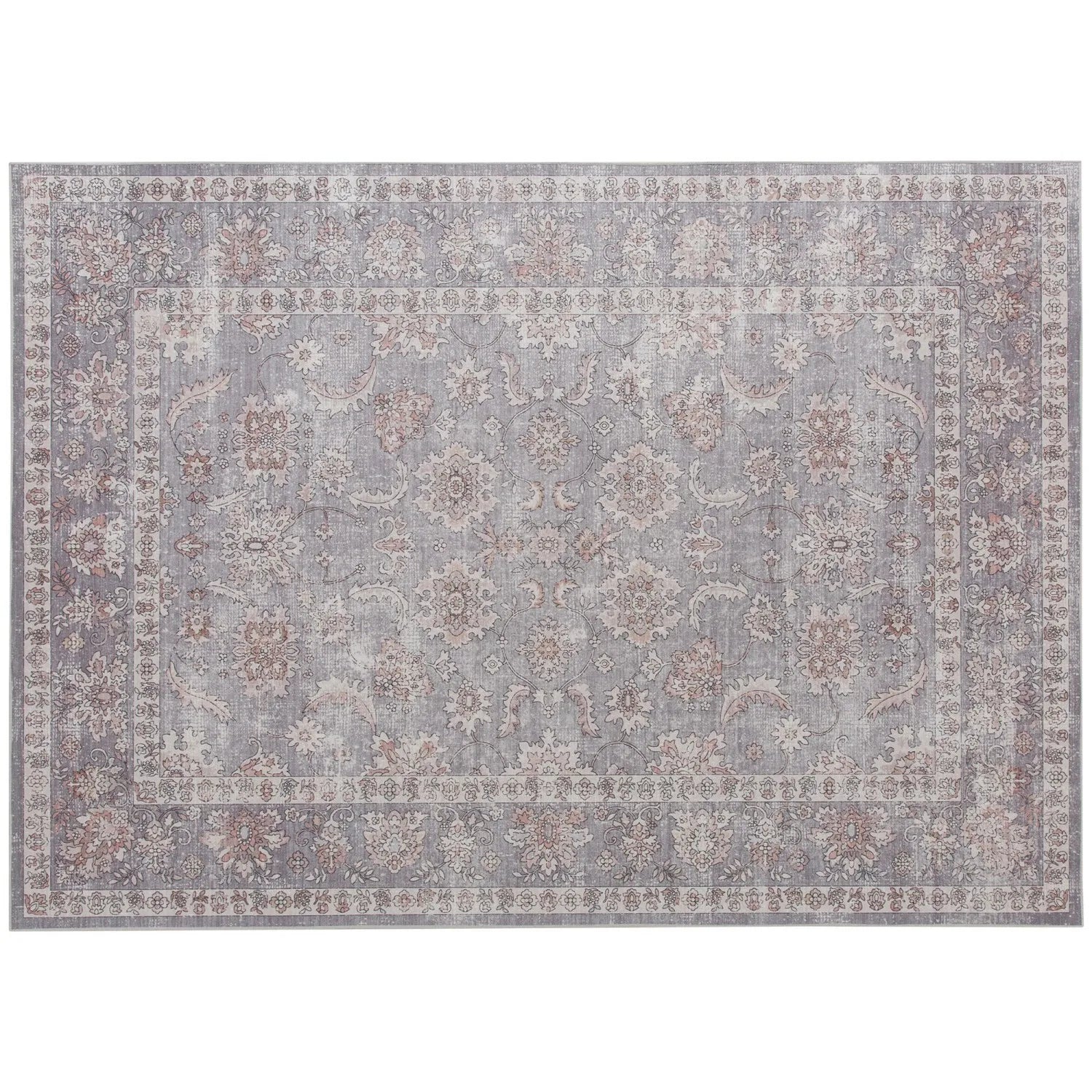 4x6 Washable Traditional Flowers Grey/Brown