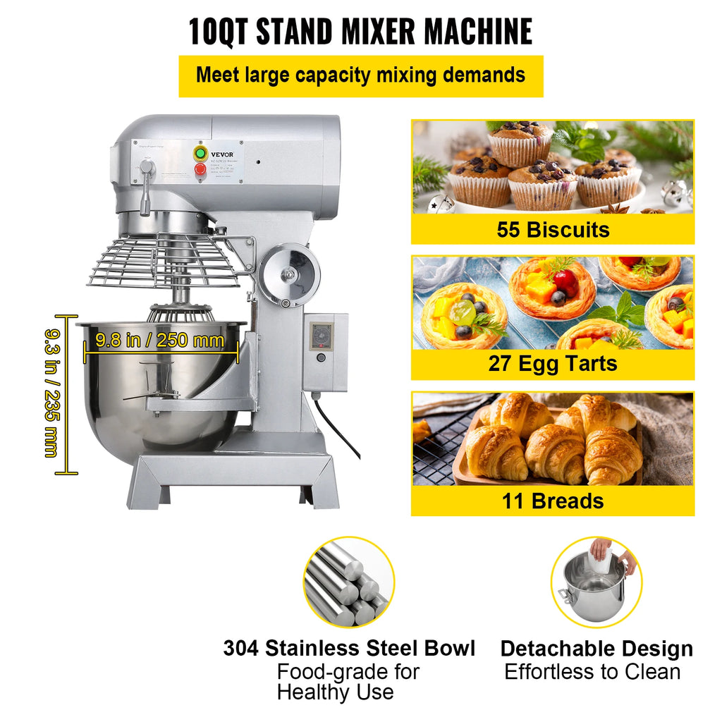 Commercial Food Mixer 10Qt 450W 3 Speeds Adjustable