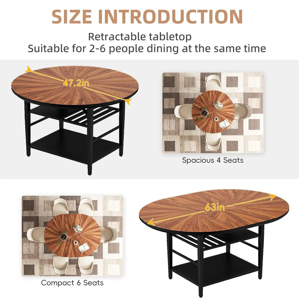 47.2"-63" Extendable Round Solid Wood & Metal