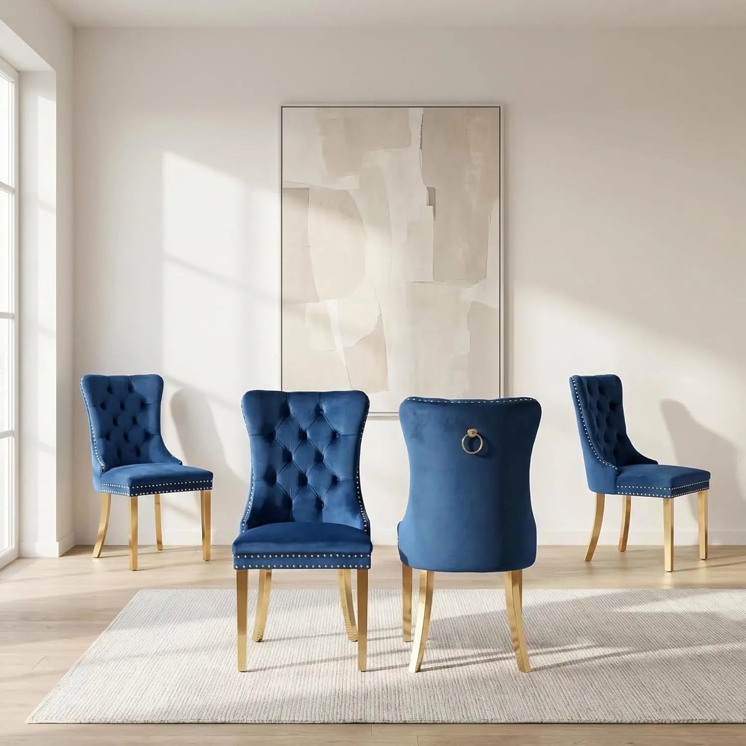 4 Modern Tufted Upholstered Beige Velvet