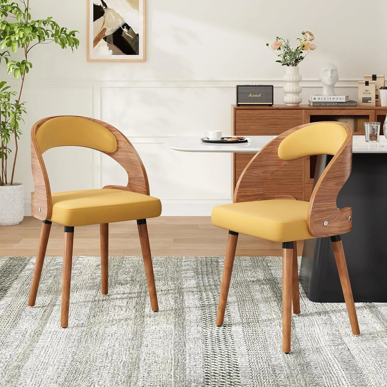 2 Wood Modern Upholstered Curved Backrest