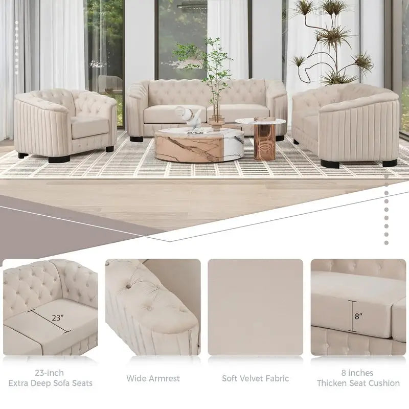 Modern 3-Piece Sofa Set Velvet