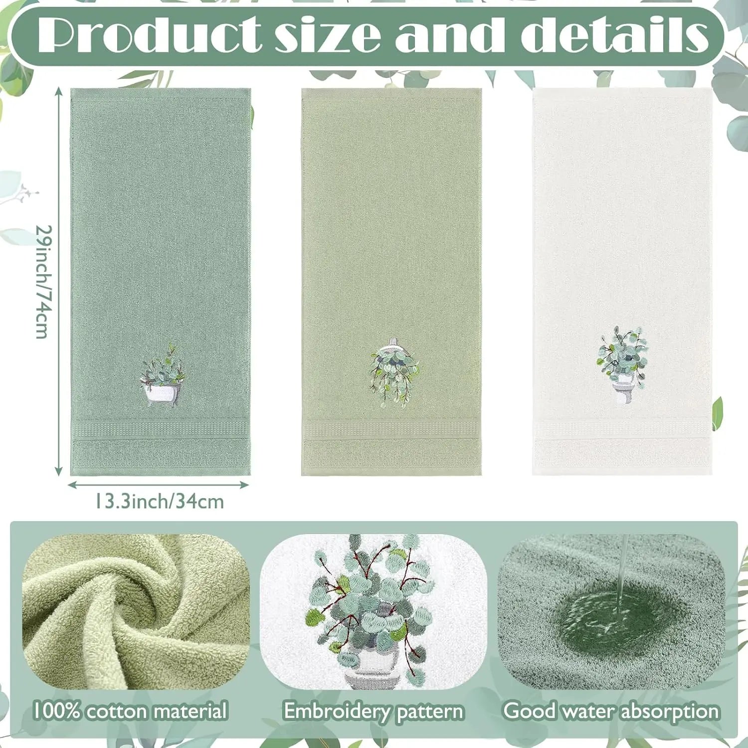 3 Farmhouse Hand Towels, Embroidery, 100% Cotton