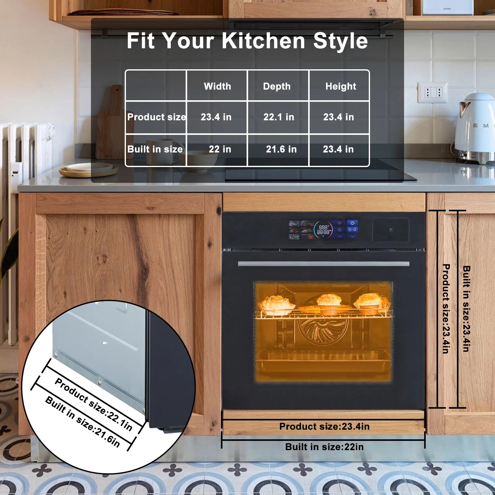 Single Wall Oven 24" 3000W, 8 Baking Modes, w/Air Frying