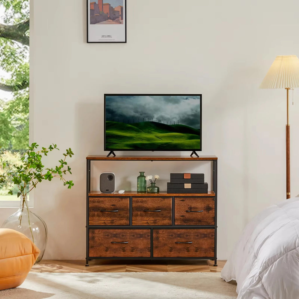TV Stand/Dresser With 5 Fabric Drawers