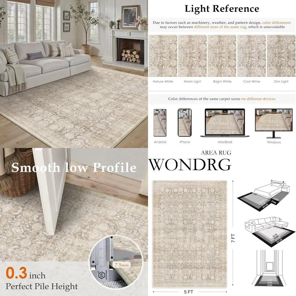 Elegant Beige Floral Washable Low Pile