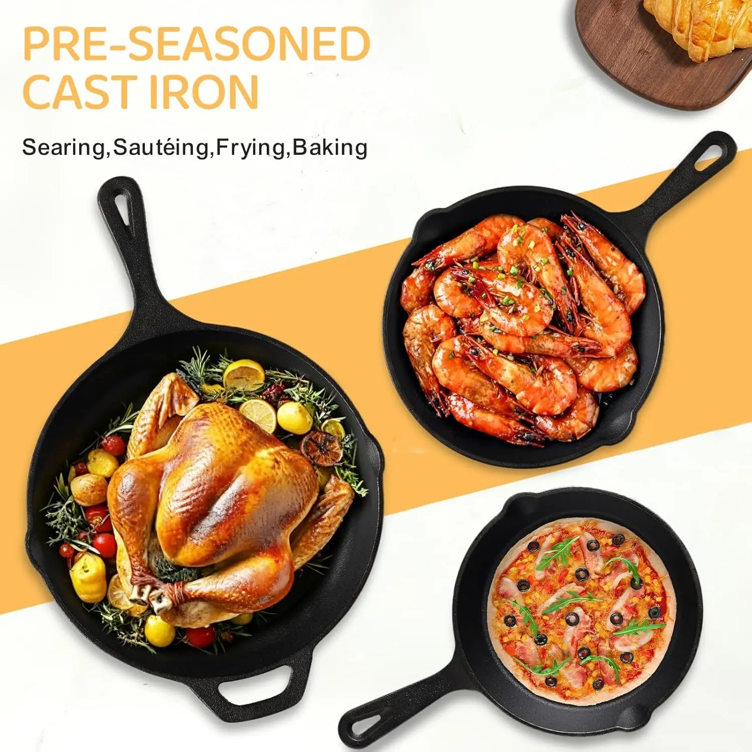 3-Piece Cast Iron Skillet Set, Pre-Seasoned Professional