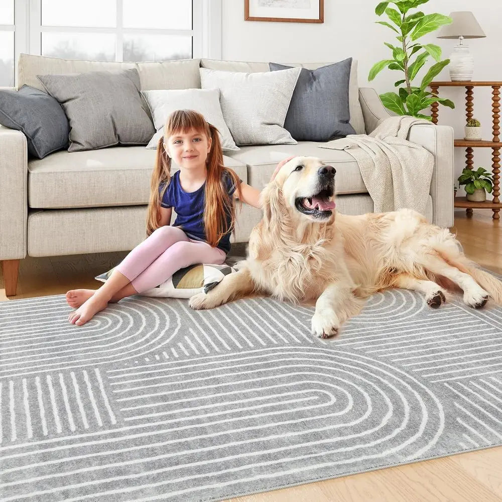 5x7 Gray Washable Geometric Stripe