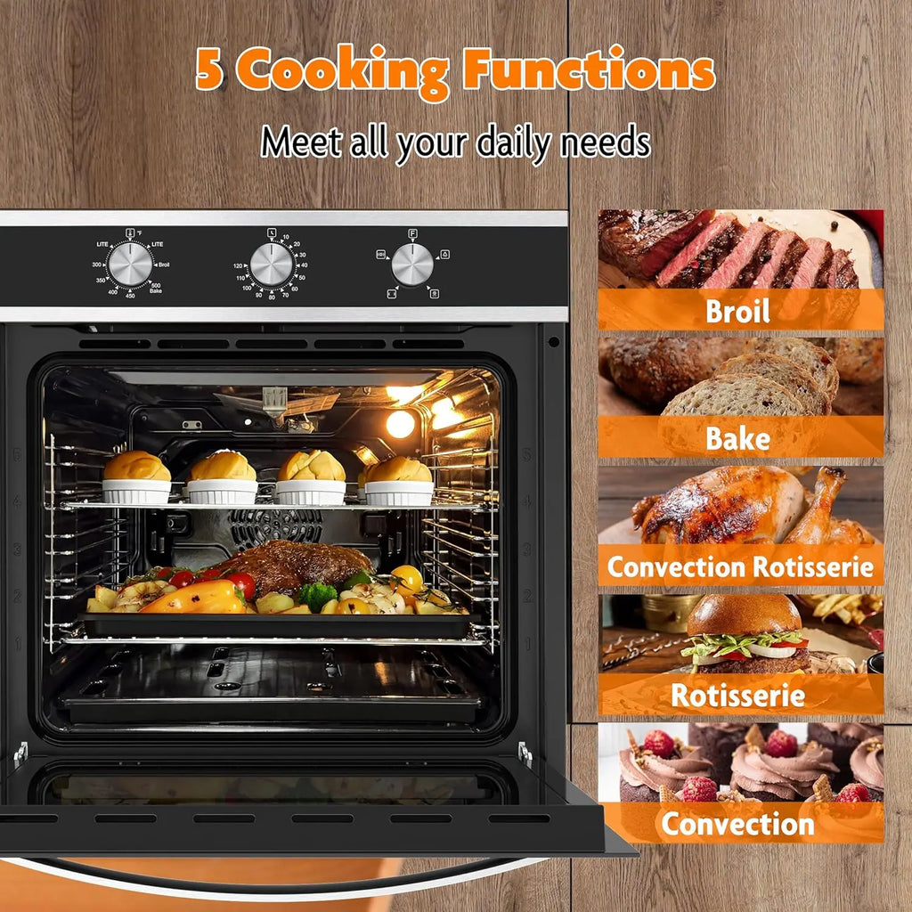 24" Gas Wall Oven, 2.3 CF Natural Gas, Bake Broil Rotisserie