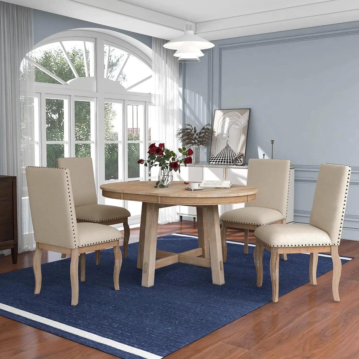 42-58" Farmhouse Set Extendable Wood w/4 Upholstered Chairs