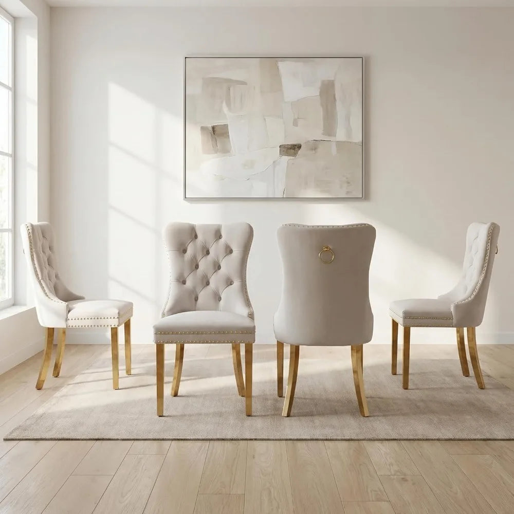 4 Modern Tufted Upholstered Beige Velvet