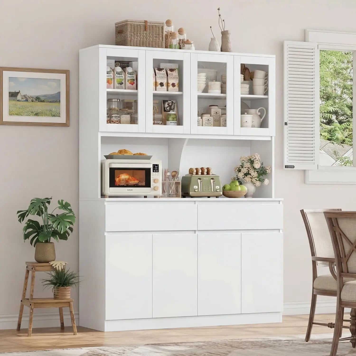 75" x 55" Kitchen Pantry Cabinet, Glass Doors, Drawers