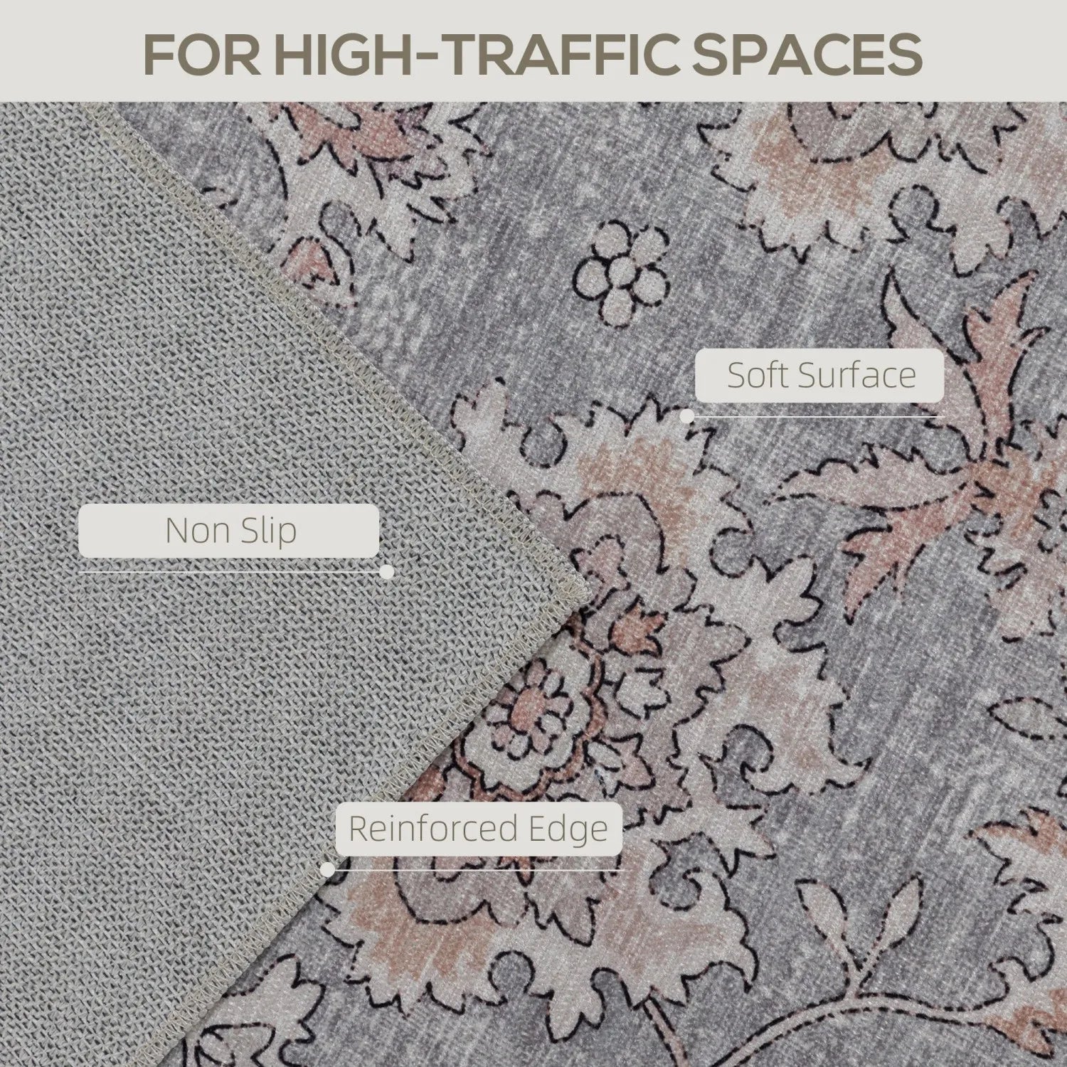 4x6 Washable Traditional Flowers Grey/Brown