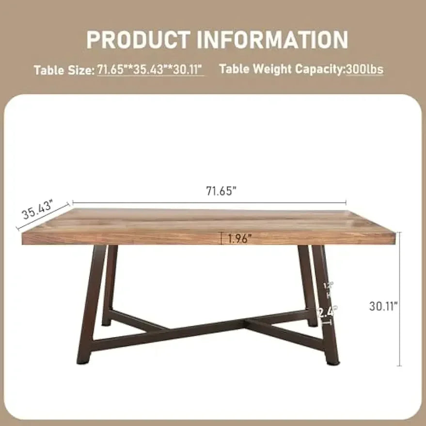 72" Solid Wood 6 People, Rustic Rectangular