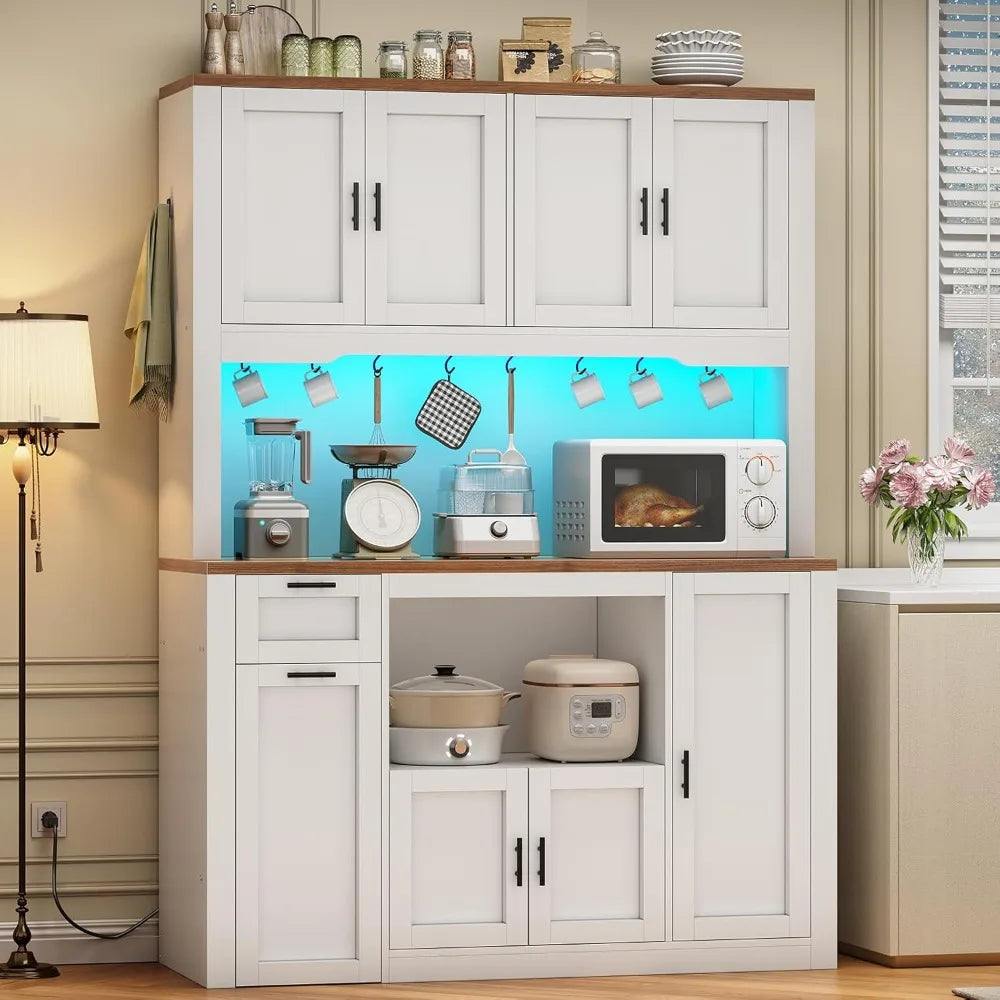 47.2X71" Pantry Cabinet W/Charging Station/LED Light/Microwave Stand,