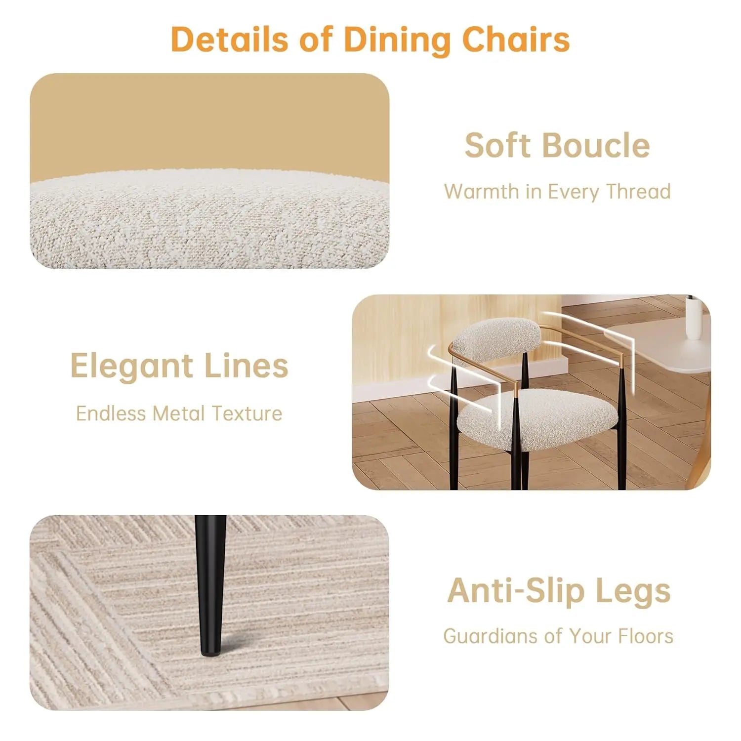 2 Modern Upholstered Boucle Gold Arms & Black