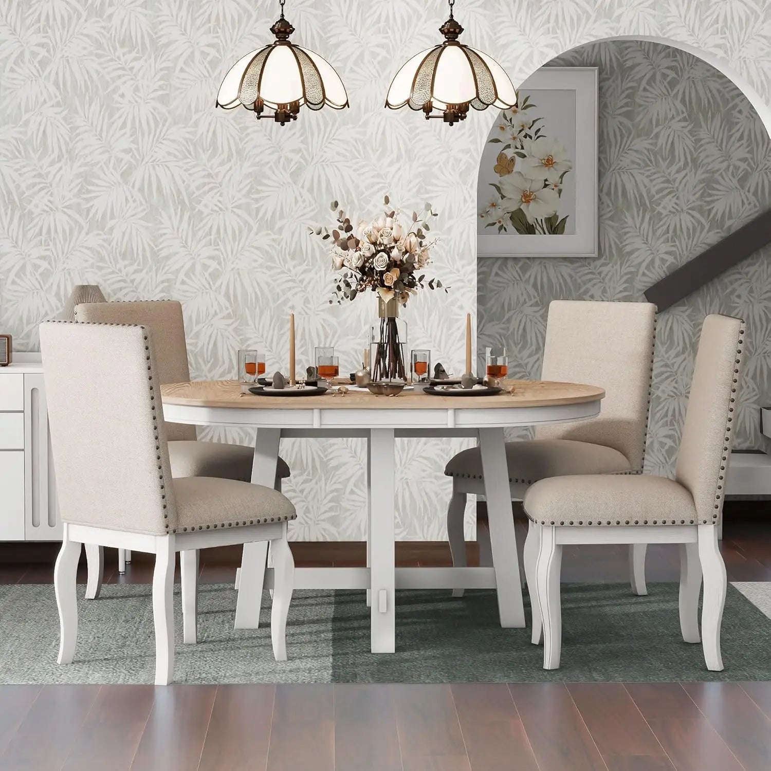 42-58" Farmhouse Set Extendable Wood w/4 Upholstered Chairs