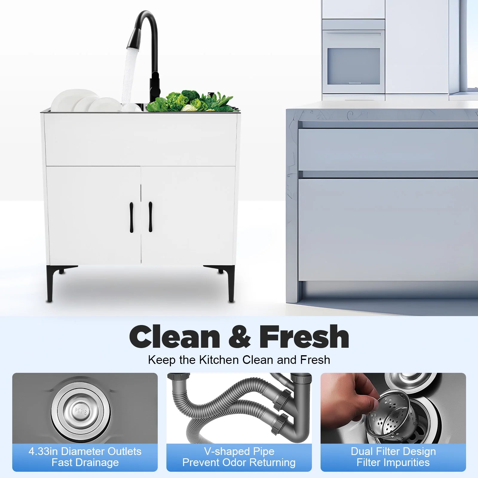 Pull Out Faucet 30" Freestanding Stainless Double