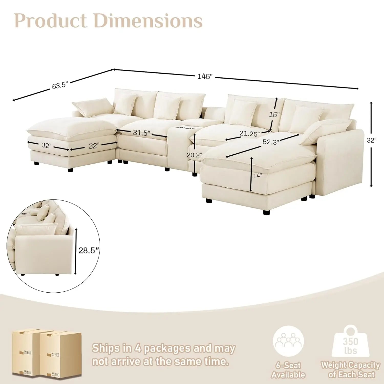 145" U Shaped Cloud Couch Sectional