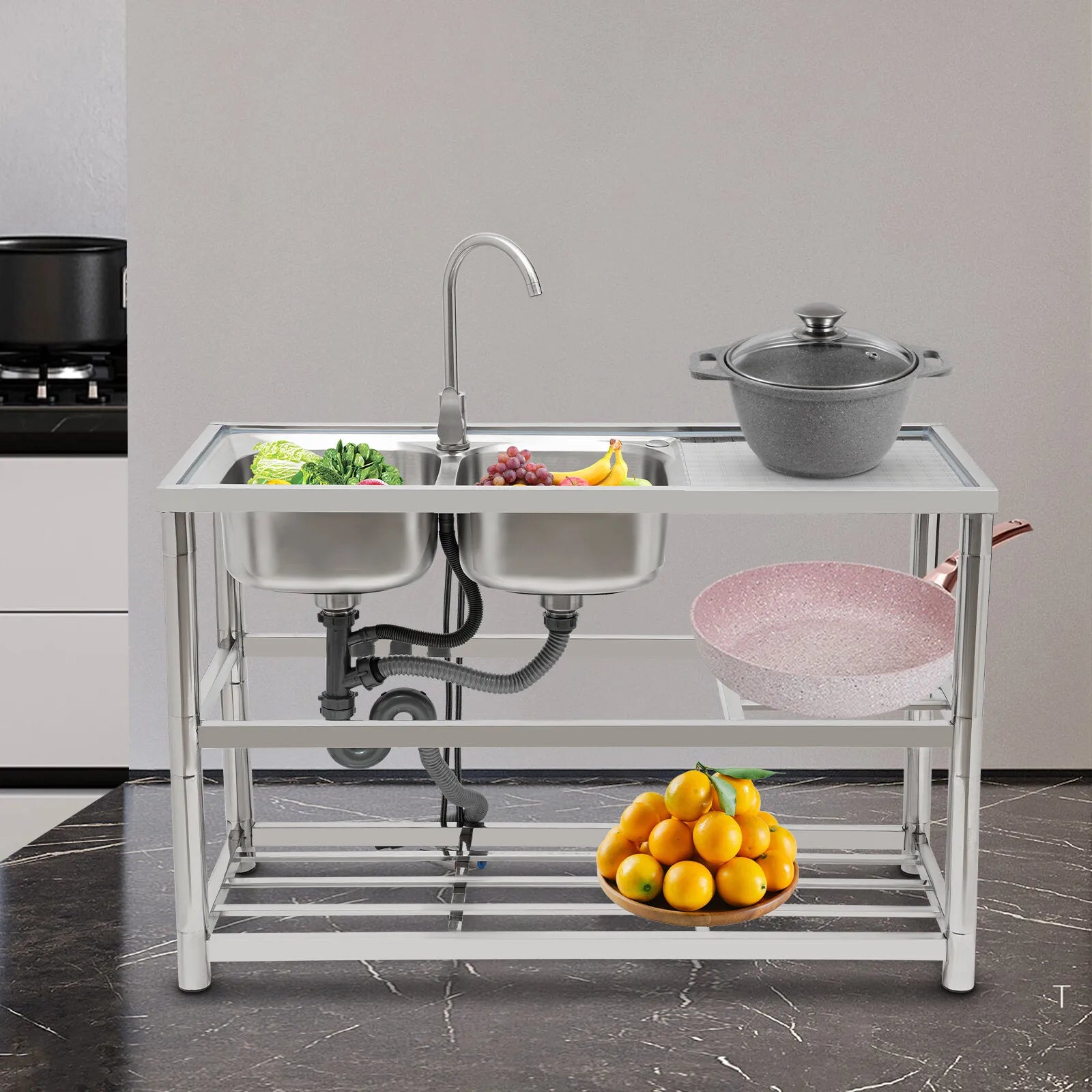 Stainless Free Standing Commercial Double Bowl