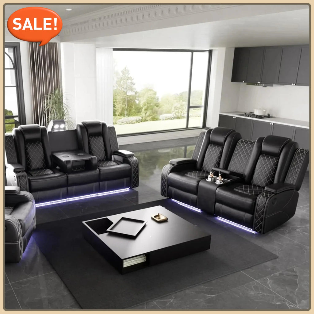 Leather Power Recliner Set W/LED