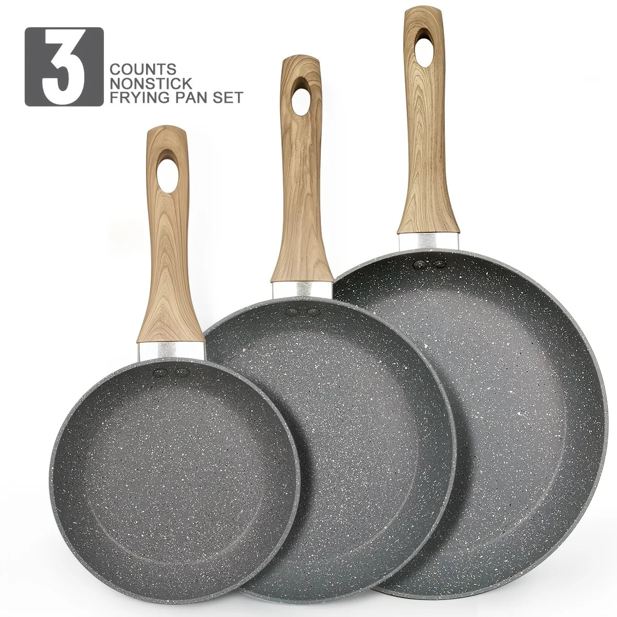 3 pcs Cookware Non-Stick Frying Pans Wooden Handle