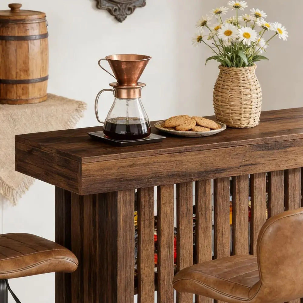 63" Rustic Brown Bar w/2-Tier Storage 42"H
