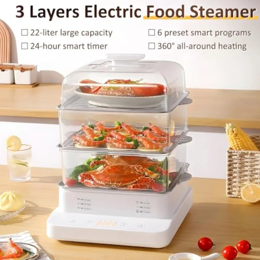 22L/23QT Electric Food Steamer 3 Layers 800W Commercial